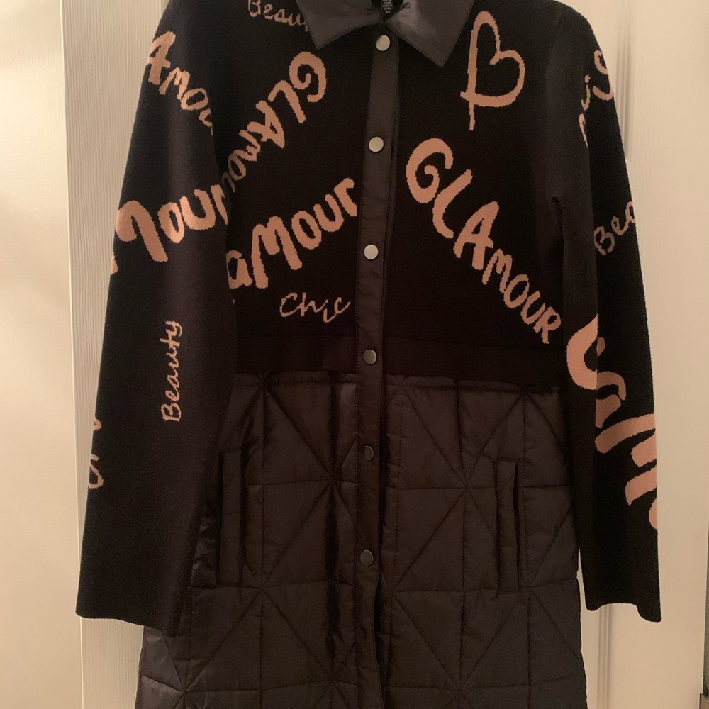 Frank Lyman Design Black and Tan Trench Coat with Romantic Embroidery